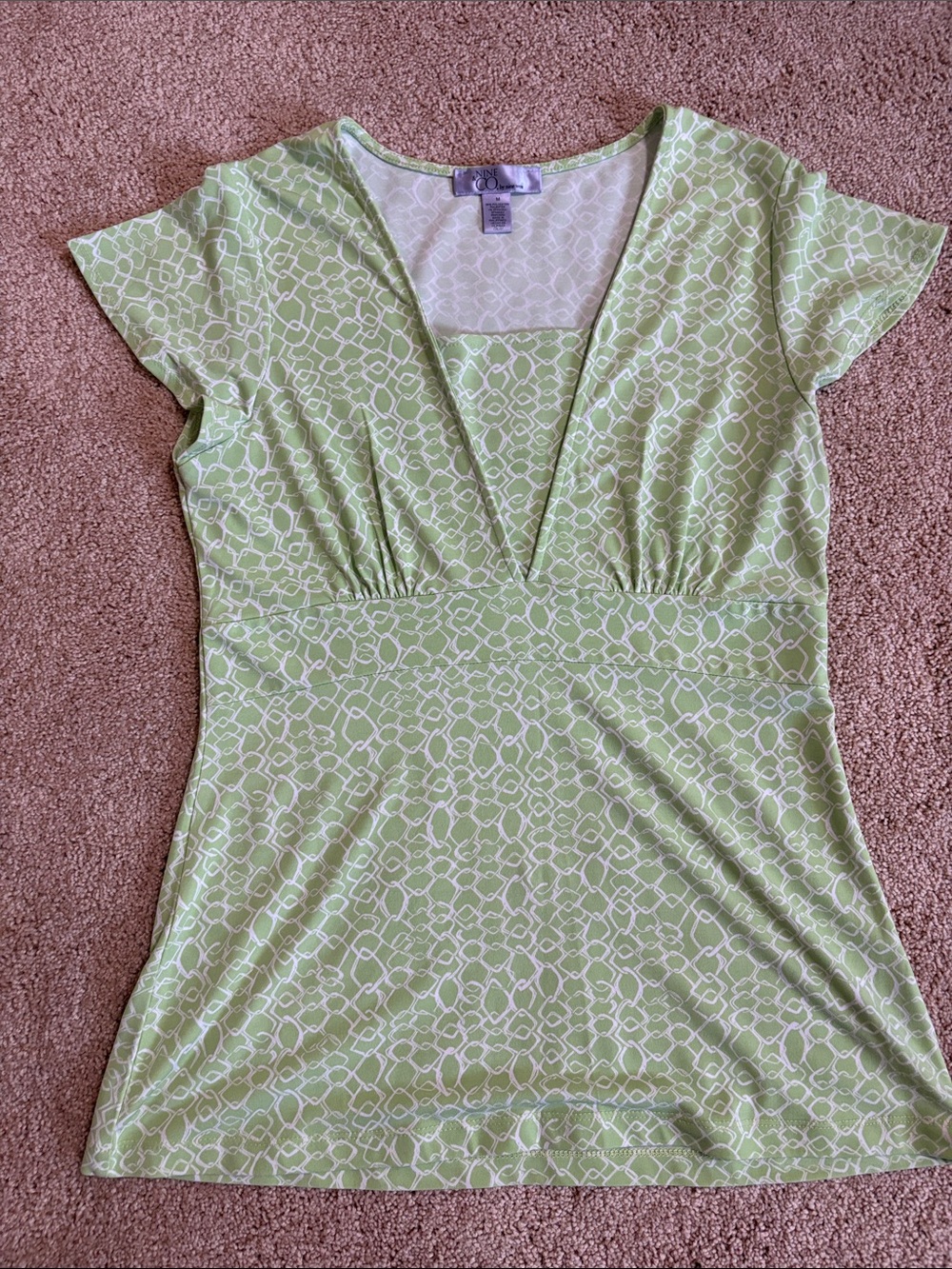 Nine West Light Green Geometric V-Neck Short Sleeve Top